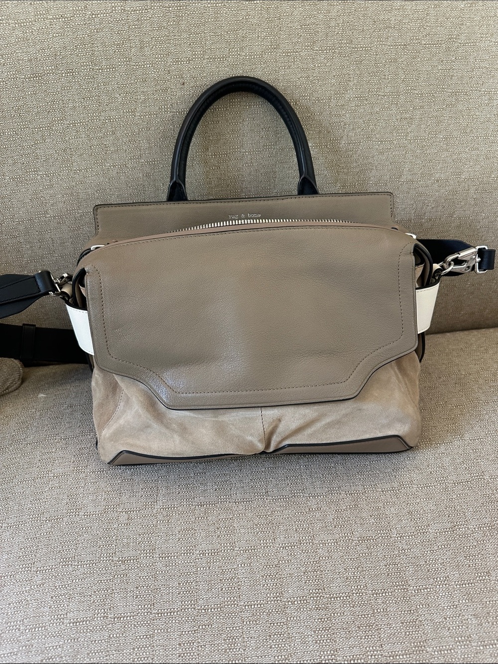 rag & bone Taupe Leather & Suede Crossbody with Black Handles and White Accents